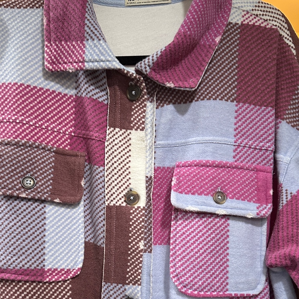 Free People Plaid Long Ruby Shirt Jacket Pink and Blue - Size XS - Picture 8 of 10